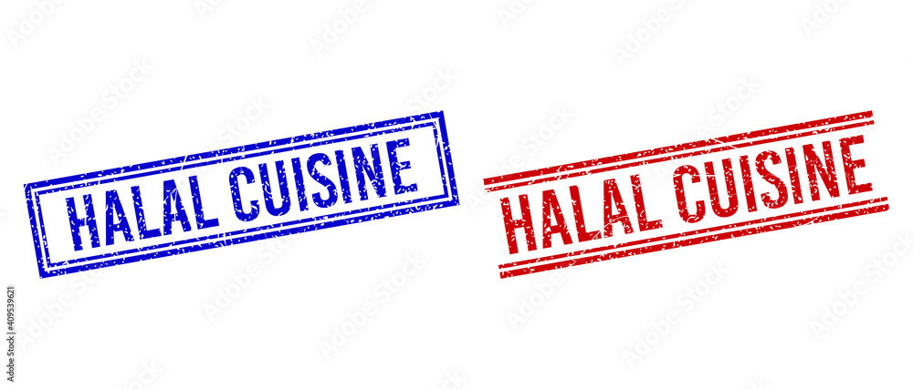 Poster halal cuisine rubber imprints with grunge texture. vectors designed with double lines, in blue and r