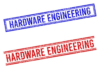 HARDWARE ENGINEERING rubber imitations with distress effect. Vectors designed with double lines, in blue and red colors. Phrase placed inside double rectangle frame and parallel lines.