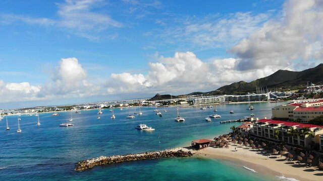 Aerial view of Simpson bay city on the Caribbean island of St.Maarten. Beautiful Caribbean island with blue ocean scape. The Simpson Bay Lagoon.  Pelican beach St Maarten. 