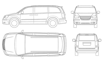 Passenger Van or Minivan Car vector template on white background. Compact crossover, SUV, 5-door minivan car. Car line. - obrazy, fototapety, plakaty