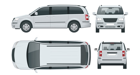 Passenger Van or Minivan Car vector template on white background. Compact crossover, SUV, 5-door minivan car. View front, rear, side, top.