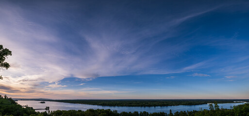 Dnipro river summer evening view from Taras Hill or Chernecha Hora (Monk Hill - important landmark of the Taras Shevchenko National Preserve, Kaniv, Cherkasy Region, Ukraine.