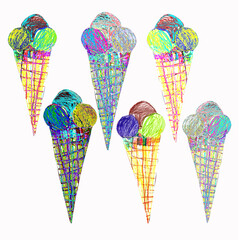 Set of ice cream in waffle cone textured pencil sketch in cartoon kids naive drawing. Hand drawn manual graphic elements for baby textile, chancellery, package, decor.