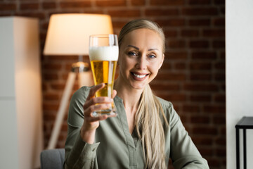 Woman Drinking Beverage Beer In Video Conference