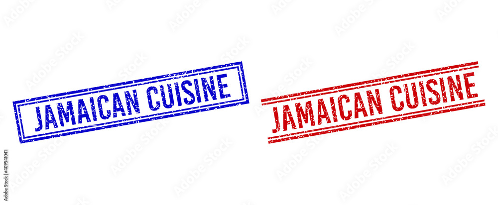 Poster jamaican cuisine seal imitations with grunge texture. vectors designed with double lines, in blue an