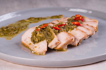 stir fried rosemary chicken breast with spicy chimichurri sauce