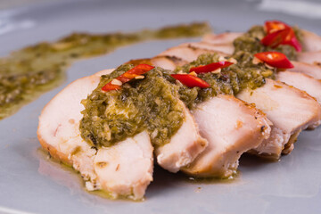 stir fried rosemary chicken breast with spicy chimichurri sauce