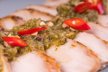 stir fried rosemary chicken breast with spicy chimichurri sauce