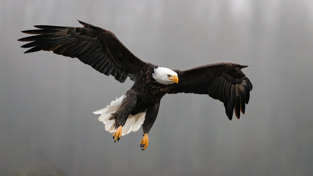 Adult bald eagle with wings spread on final approach to landing on the Nooksack River in the Pacific Northwest