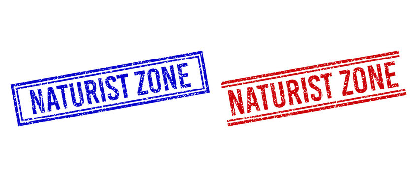 NATURIST ZONE rubber overlays with grunge texture. Vectors designed with double lines, in blue and red colors. Tag placed inside double rectangle frame and parallel lines.
