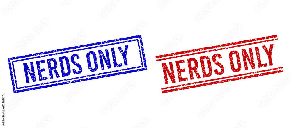 Poster nerds only rubber watermarks with grunge texture. vectors designed with double lines, in blue and re