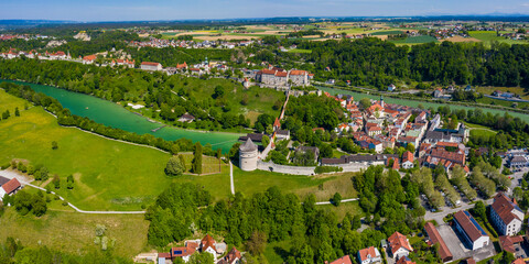 Aerial view of the city Burghausen in Germany, Bavaria on a sunny spring day	