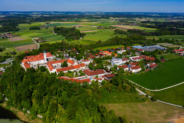 Fototapeta na wymiar Aerial view of the monastery Attel am Inn in Bavaria on a sunny day in spring 