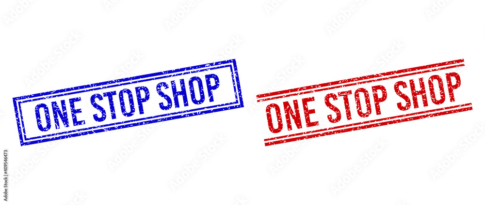 Poster one stop shop rubber imprints with grunge style. vectors designed with double lines, in blue and red