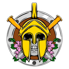 The shield of the hero with the head panoply and the sword