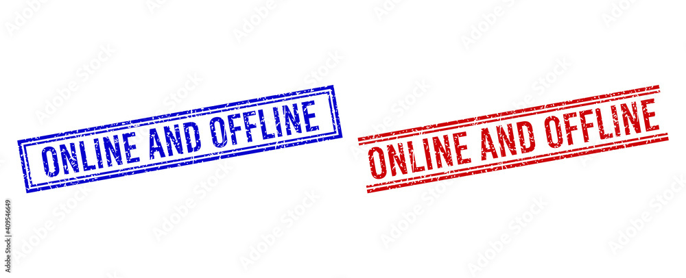Poster online and offline rubber imitations with distress style. vectors designed with double lines, in blu