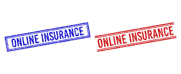 ONLINE INSURANCE rubber imitations with grunge texture. Vectors designed with double lines, in blue and red variants. Phrase placed inside double rectangle frame and parallel lines.