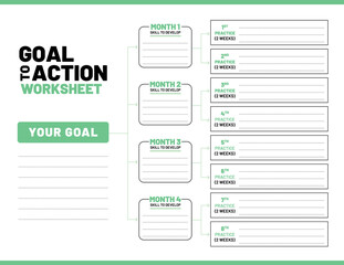 Goal to action worksheet template. Used to plan and track goals, skills to develop and practice over the duration of 4 month. Lifestyle change or self-improvement worksheet. Green color theme.