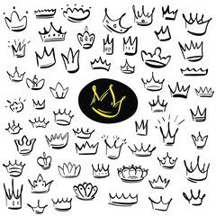 Huge set of hand drawn crowns in doodle style.