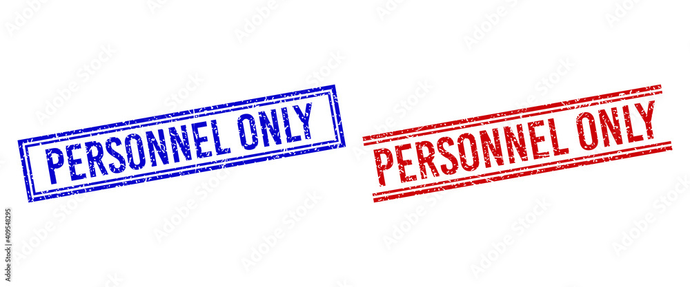 Poster personnel only stamp overlays with grunge texture. vectors designed with double lines, in blue and r