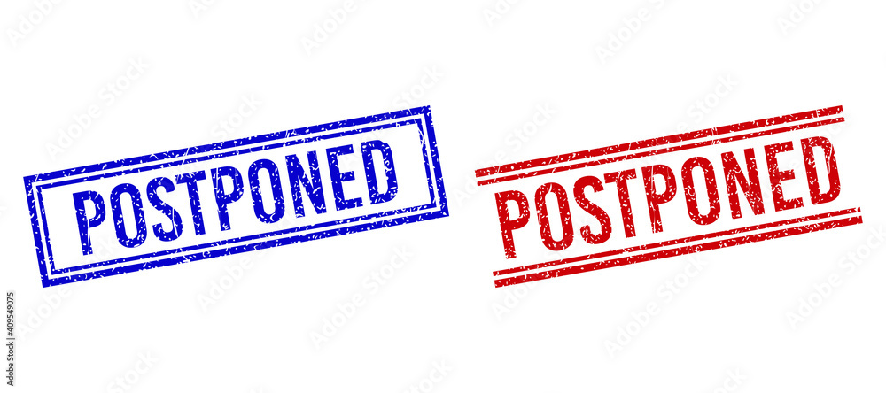 Poster postponed rubber imprints with grunge texture. vectors designed with double lines, in blue and red c