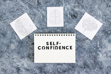 Self-confidence taxt on notepad surrounded by brain icons symbol of mind and mindset shift, psychology and attitude