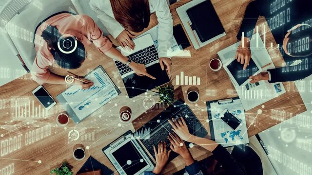 Imaginative visual of business people and financial firms staff . Concept of human resources , enterprise resource planning ERP and digital technology .