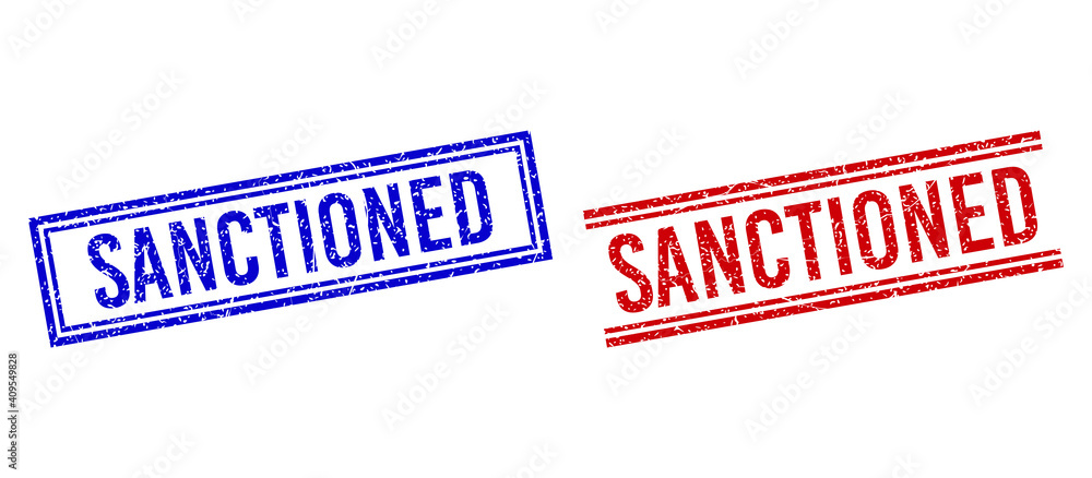 Poster sanctioned seal watermarks with grunge texture. vectors designed with double lines, in blue and red 