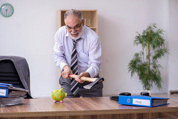 Old male employee holding hatchet in budget planning concept