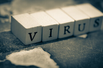 Wooden cube block showing “VIRUS” wording