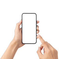 Male hand holding the black smartphone and touching on blank screen isolated on white background with clipping path.