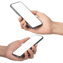 Set of man hand holding the black smartphone with blank screen isolated on white background with clipping path, Can use mock-up for your application or website design project.