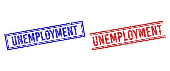 UNEMPLOYMENT seal watermarks with grunge style. Vectors designed with double lines, in blue and red versions. Tag placed inside double rectangle frame and parallel lines.
