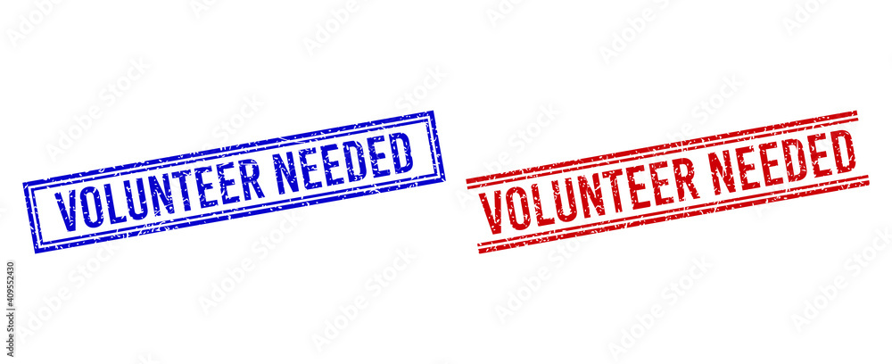 Poster volunteer needed seal imprints with grunge texture. vectors designed with double lines, in blue and 