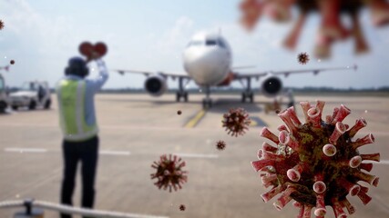 Coronavirus floating on air while airport worker signaling to plane pilot.