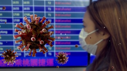 Coronavirus floating on air while woman wearing protective mask at airport