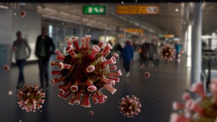 Flu coronavirus floating on air at passenger boarding area terminal airport