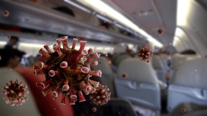 Coronavirus floating at interior airplane, passengers wearing surgical mask