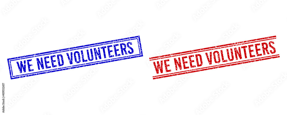 Poster we need volunteers rubber imitations with grunge style. vectors designed with double lines, in blue 