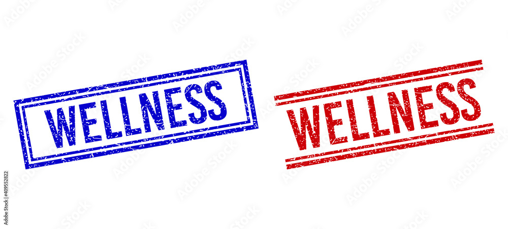 Poster wellness rubber imitations with distress texture. vectors designed with double lines, in blue and re