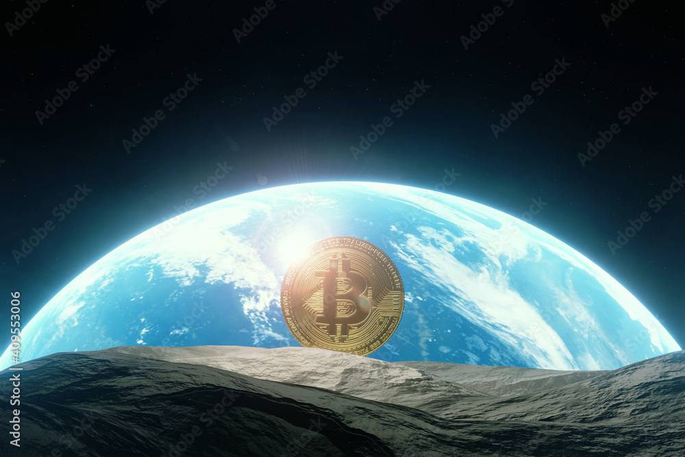 Aufkleber 3d rendering of bitcoin btc on moon surface with glowing earth background. concept for crypto curren