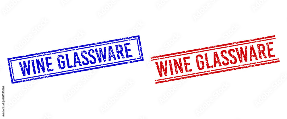Poster wine glassware stamp imitations with grunge style. vectors designed with double lines, in blue and r