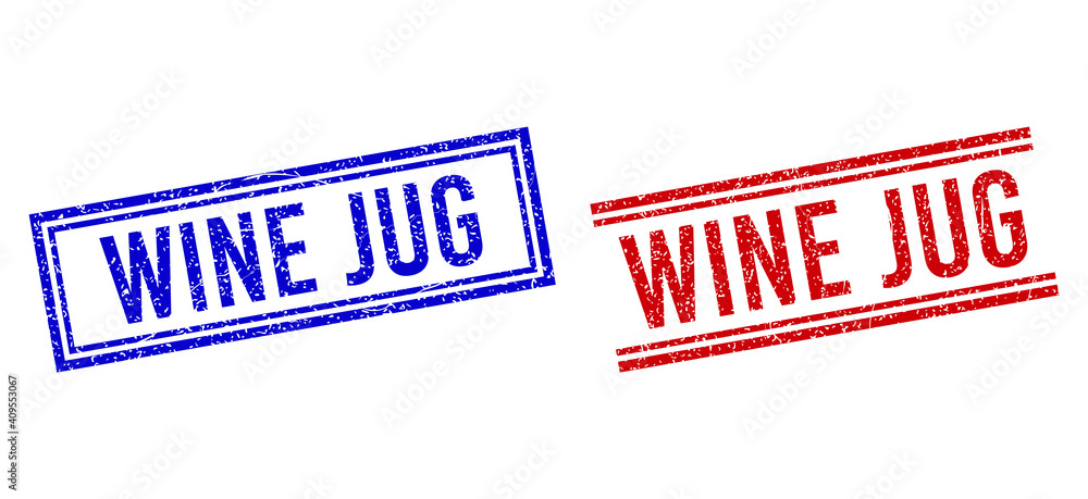 Poster wine jug rubber watermarks with distress texture. vectors designed with double lines, in blue and re