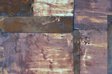 Old aged weathered rusty corroded coat iron sheets texture pattern background multiple horizontal rusted grunge metal patch plates rustic patched hut wall macro closeup, large detailed textured grungy