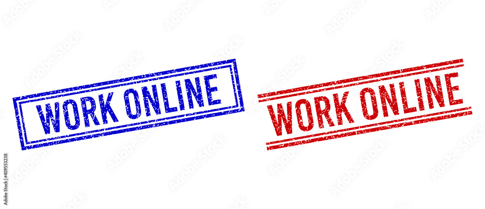 Poster work online rubber imprints with distress style. vectors designed with double lines, in blue and red