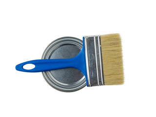 A wide paint brush and a closed can of paint are isolated on a white background.