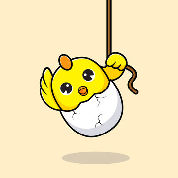 Cute chicks hold on the rope vector mascot illustration