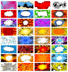 Huge set of comic book backgrounds. Abstract cartoon explosions. Retro style template.