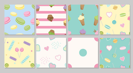 Seamless colorfoul vector pattern collection  with sweets and cute elements. Pastel pink and blue. Ice cream, hearts, cupcake, lollipop, candy, macaron.