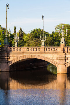 A classic cityscape of the moat and a bridge in Gothenburg downtown, Sweden